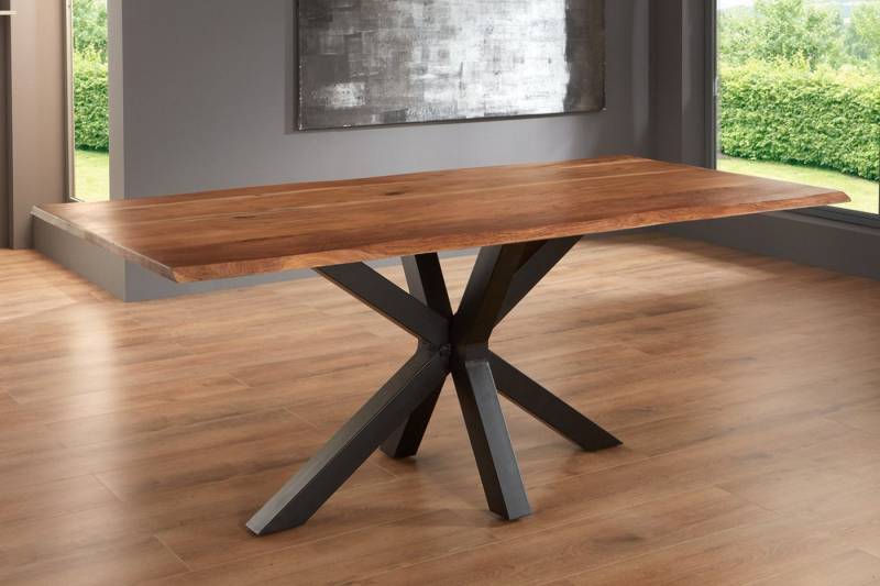 Trelevo® Baumkantentisch Spyro, Esstisch Baumkante massiv Akazie nussbaum 200 x 100 Spider-Gestell sch von Trelevo®