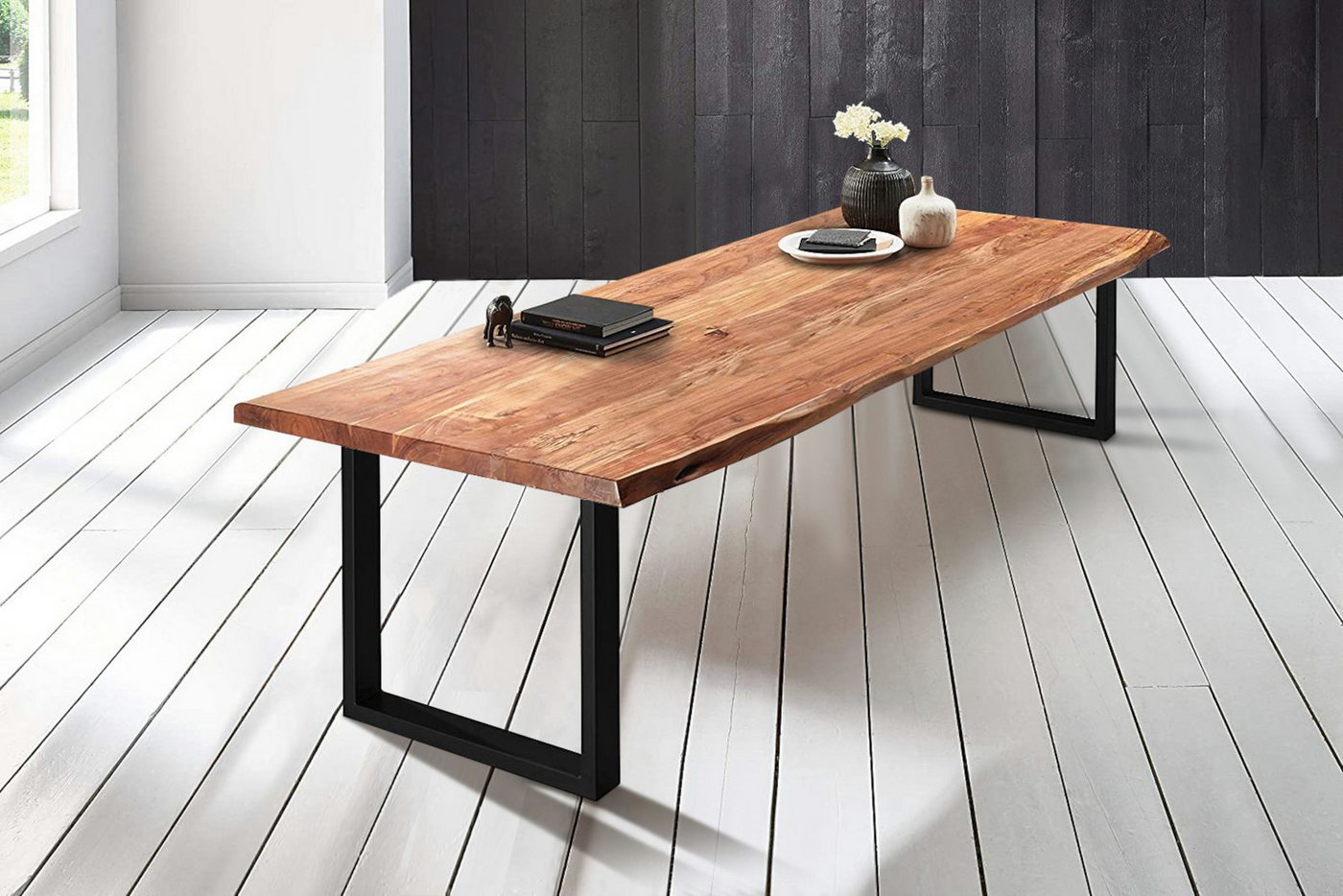 Trelevo® Baumkantentisch Valin, Baumkantentisch Esstisch Akazie Natur 220 x 110 cm schwarz Valin von Trelevo®