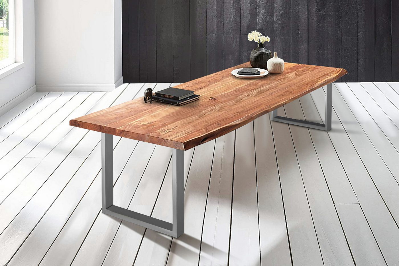 Trelevo® Baumkantentisch Valin, Baumkantentisch Esstisch Akazie Natur 220 x 110 cm silber Valin von Trelevo®