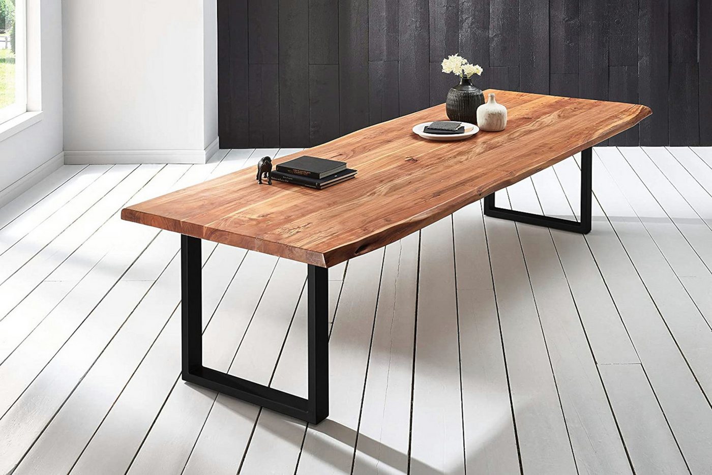 Trelevo® Baumkantentisch Valin XL, Baumkantentisch Esstisch Akazie Natur 260 x 120 cm schwarz Valin von Trelevo®