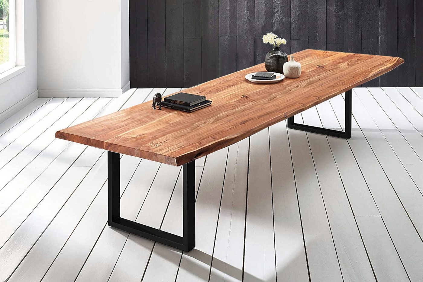 Trelevo® Baumkantentisch Valin XL, Baumkantentisch Esstisch Akazie Natur 350 x 120 cm schwarz Valin von Trelevo®