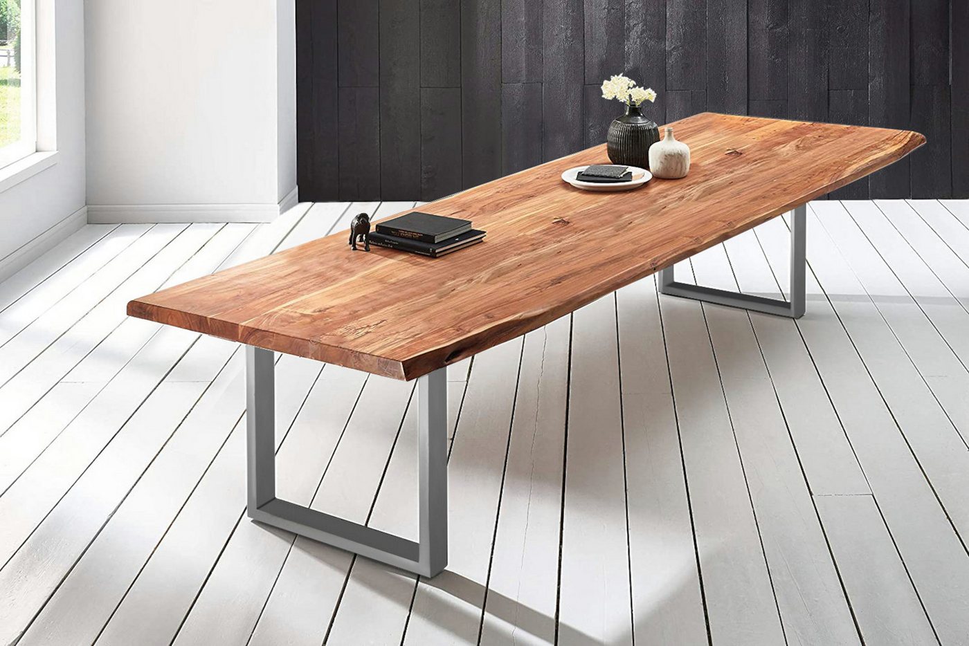 Trelevo® Baumkantentisch Valin XL, Baumkantentisch Esstisch Akazie Natur 350 x 120 cm silber Valin von Trelevo®
