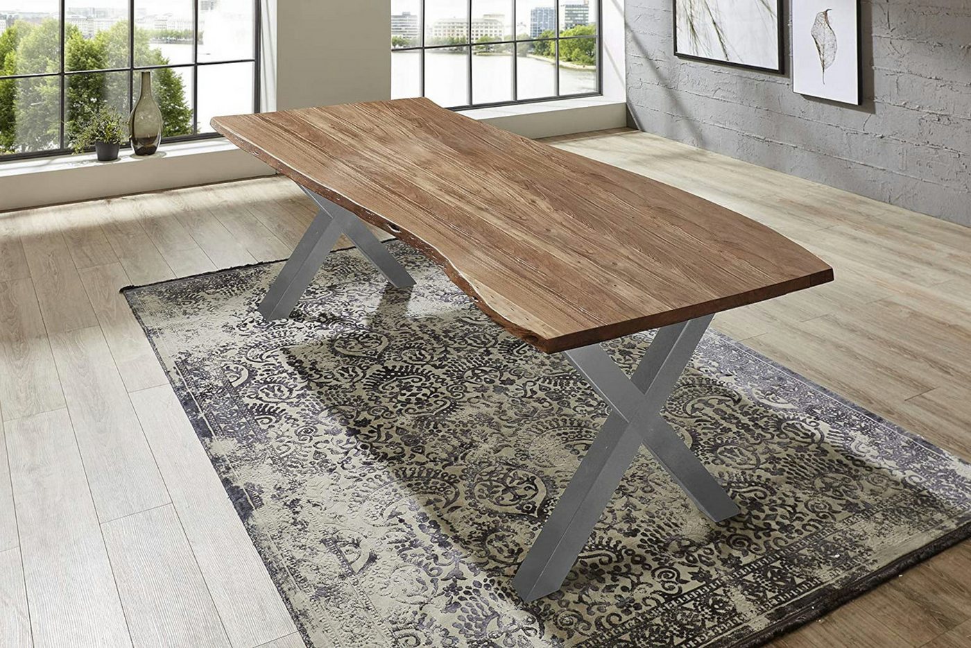 Trelevo® Baumkantentisch Xaver, Esstisch Baumkante massiv Akazie natur 260 x 100 silber XAVER von Trelevo®