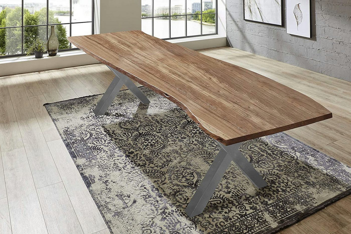 Trelevo® Baumkantentisch Xaver, Esstisch Baumkante massiv Akazie natur 280 x 100 silber XAVER von Trelevo®
