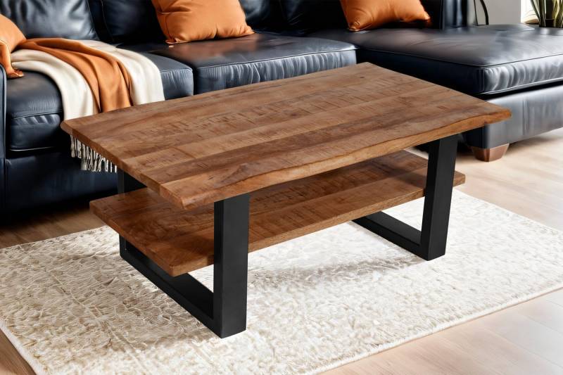 Trelevo® Couchtisch Patrick, Couchtisch Baumkante massiv Mangoholz honigfarben 115×65 cm schwarz PA von Trelevo®