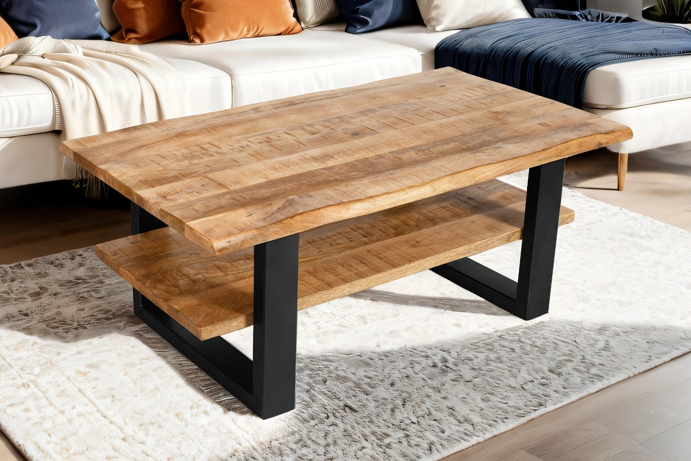 Trelevo® Couchtisch Patrick, Couchtisch Baumkante massiv Mangoholz naturfarben 115×65 cm schwarz PA von Trelevo®