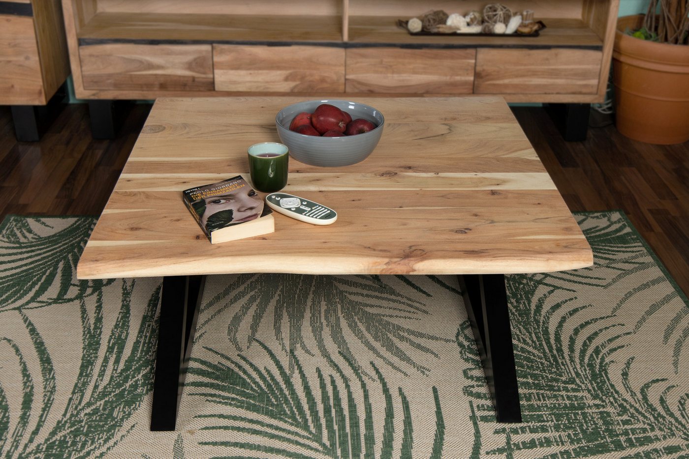 Trelevo® Couchtisch Quintus - geschlossenes-X-Gestell, Couchtisch Baumkante 90 x 90 cm Akazie natur geschlossenes X-Gestell Q von Trelevo®