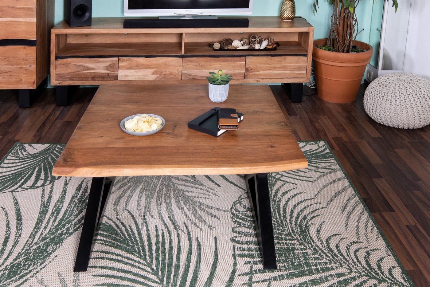 Trelevo® Couchtisch Quintus - geschlossenes-X-Gestell, Couchtisch Baumkante 90 x 90 cm Akazie nussbaumfarben geschlossenes X- von Trelevo®