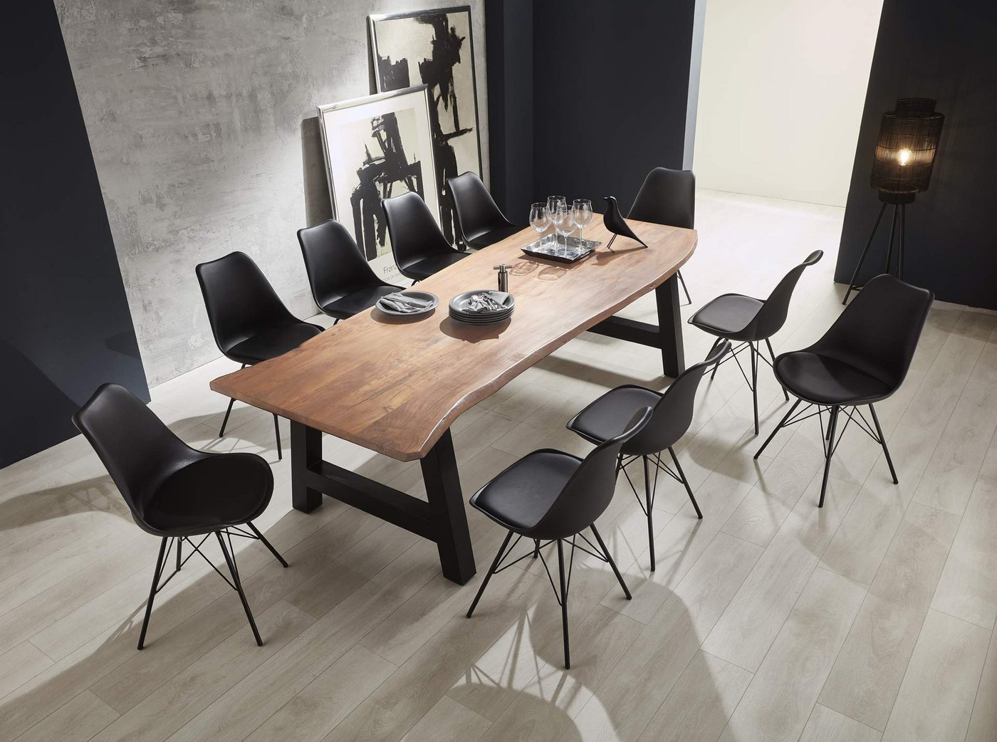 Trelevo® Essgruppe Tischgruppe - Adelaide 11tlg., Baumkanten Essgruppe Akazie natur 260 cm A-Gestell schwarz 11tlg. ADEL von Trelevo®