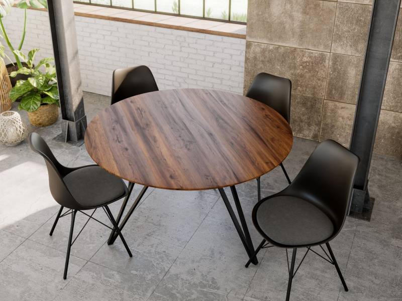 Trelevo® Essgruppe Tischgruppe - Insa 5tlg., Akazienholz, rund, Schweizer Kante, Metallgestell und Stühle von Trelevo®