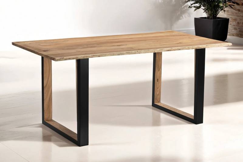 Trelevo® Esstisch Brisbane, Esstisch 160x85cm Akazie massiv natur Baumkante U-Gestell aus Metall + von Trelevo®
