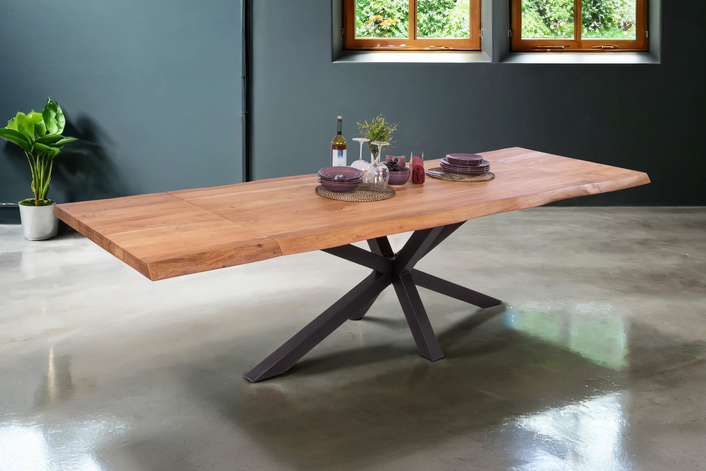Trelevo® Esstisch Cali - erweiterbar - Spider-Gestell, Esstisch mit Ansteckplatten 200(300)x100 cm Baumkante Akazie natur Spi von Trelevo®