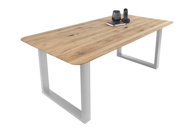Trelevo® Esstisch Eichenholz, Schweizer Kante/runde Ecken, Metallgestell U-Form, Eichenholz, Schweizer Kante/runde Ecken, Metallgestell U-Form von Trelevo®