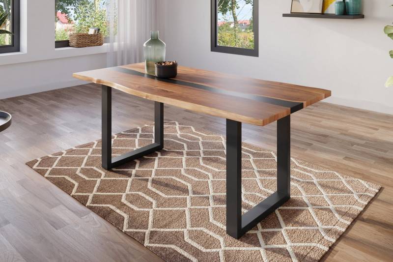 Trelevo® Esstisch Epoxy, Esstisch 180x90 cm Akazie natur & Epoxidharz-Ader in Schwarz U-Gestell von Trelevo®