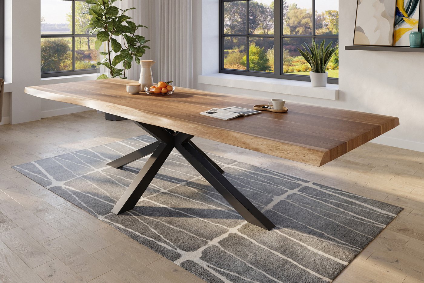 Trelevo® Esstisch Titan XL - Spider-Gestell, Baumkantentisch 350 x 120 cm Esstisch massiv Akazie Natur Spider-Geste von Trelevo®
