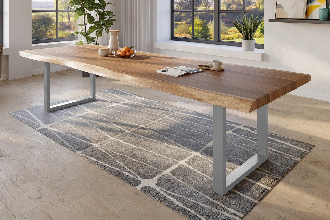 Trelevo® Esstisch Titan XL - U-Gestell, Baumkantentisch 350 x 120 cm Esstisch massiv Akazie Natur U-Gestell Si von Trelevo®