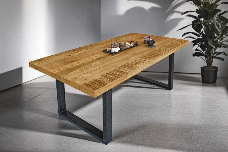 Trelevo® Esstisch massives Mangoholz, gerade Kante, Metallgestell U-Form schwarz, massives Mangoholz, gerade Kante, Metallgestell U-Form schwarz von Trelevo®