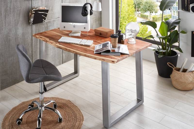 Trelevo® Schreibtisch Palma, Schreibtisch Baumkante massiv Akazie natur 140 x 80 silber PALMA von Trelevo®