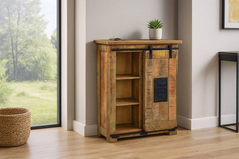Trelevo® Sideboard Libro I, massives Mangoholz, Holzrolltür, 2 Schuben + 4 Fächer von Trelevo®