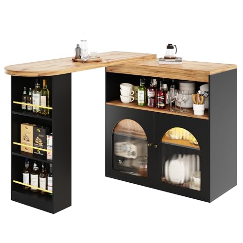 138-193X39X105CM Moderner ausziehbarer Bartisch ,Ausziehbarer Esstisch mit Stauraum , Stehtisch Bistrotisch, drehbar, für Esszimmer,Mit 1m langem LED Lichtstreifen(Einstellbare Lichtfarbe),Schwarz von Trelomix