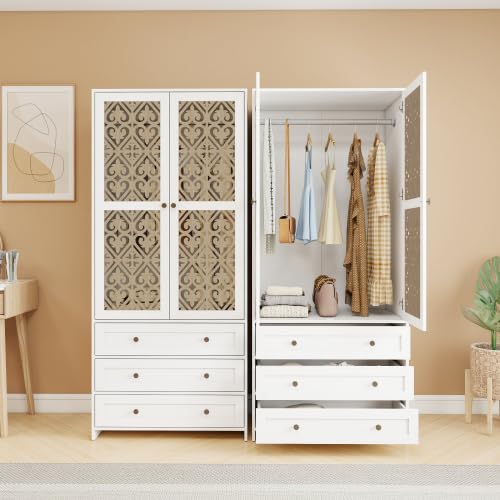 1PC Weißer Aufbewahrungsschrank mit Schnitzmuster Boho Garderobenschrank mit Rattangeflecht, 3 Schubladen und Kleiderstange aus Aluminiumlegierung ideal für Wohnzimmer, Schlafzimmer, Büro oder Arbeits von Trelomix