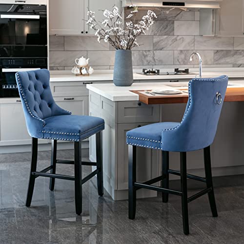 Contemporary Velvet Upholstered Barstools with Button Tufted Decoration and Wooden Legs, and Chrome Nailhead Trim, Leisure Style Bar Chairs,Bar stools, Set of 2 (Blue),DE2002BL von Trelomix