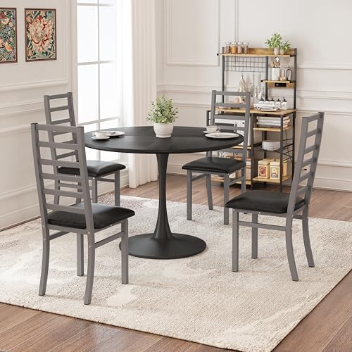 Dining Table Set for 4, 120CM Tulip Table with 4 Chairs for Dining Room,Coffee Shop,Small Spaces(Black Dining Table and Gray Dining Chair) von Trelomix