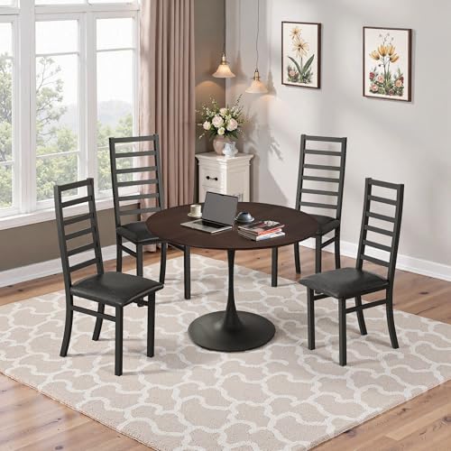 Dining Table Set for 4, 120CM Tulip Table with 4 Chairs for Dining Room,Coffee Shop,Small Spaces(Brown Dining Table and Black Dining Chair) von Trelomix