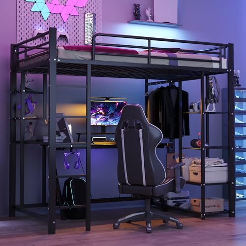 Hochbett mit Leiter 90 * 200cm, Einzelbett Kinderbett mit Tisch mit einfacher Aufhängung mit Ablagefächern, Schwarz von Trelomix