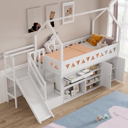 Kinderbett, Einzelbett, multifunktionales Kinderbett,mit Rutsche und Treppen, mit Schubladen und Schließfach,mit magnetischer Tür,ohne Matratze, massivholz, weiß, 90 * 200 von Trelomix
