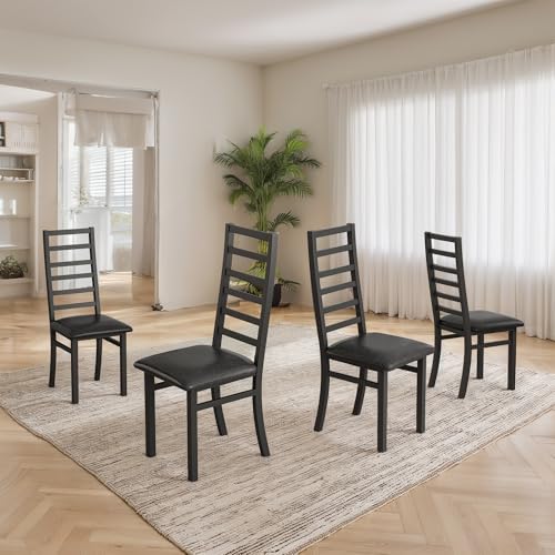 Metal Dining Chairs Set of 4, Steel Legs and PU Leather Seats, High Back Armless Dining Chairs, for Kitchen, Living Room, Black von Trelomix