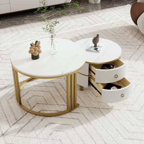 Trelomix 2-in-1 runder MDF-Couchtisch, Beistelltisch mit glänzender Platte und 1 weißer Marmorplatte, Wohnzimmer-Couchtischkombination mit 2 Schubladen, 70 * 70 * 46 + 50 * 50 * 40 cm von Trelomix