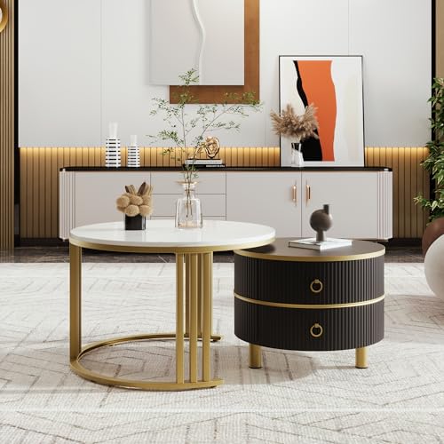 Trelomix 2-in-1 runder MDF-Couchtisch, Beistelltisch mit glänzender Platte und 1 weißer Marmorplatte, Wohnzimmer-Couchtischkombination mit 2 Schubladen, 70 * 70 * 46 + 50 * 50 * 40 cm von Trelomix