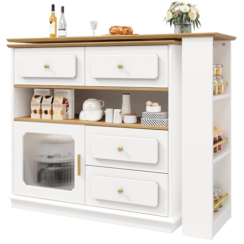Trelomix Ausziehbarer Bartisch mit Stauraum(125-181×39×104.5cm), 360° drehbare Essbar,Moderner Beweglicher Bar Table,Hochtisch Kücheninsel Bistro Table, Sideboardschrank mit Regalen und Glas,weiß von Trelomix