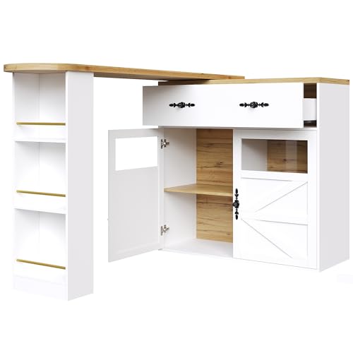 Trelomix Ausziehbarer Bartisch mit Stauraum(138-204×39×104cm), 360° drehbare Essbar,Moderner Beweglicher Bar Table,Hochtisch Kücheninsel Bistro Table, Sideboardschrank mit Regalen, weiß von Trelomix