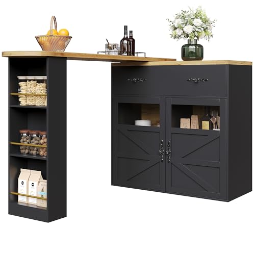 Trelomix Ausziehbarer Bartisch mit Stauraum(138-204×39×104cm), 360° drehbare Essbar,Moderner Beweglicher Bar Table,Hochtisch Kücheninsel Bistro Table, Sideboardschrank mit Regalen,Schwarz von Trelomix