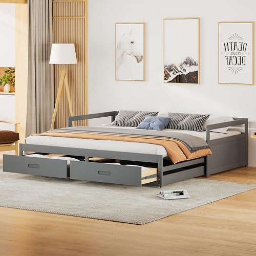 Trelomix Ausziehbares Schlafsofa 90/180 * 200 cm mit Schubladen und Lattenrosten, Kiefernbett mit Stauraum, grau von Trelomix