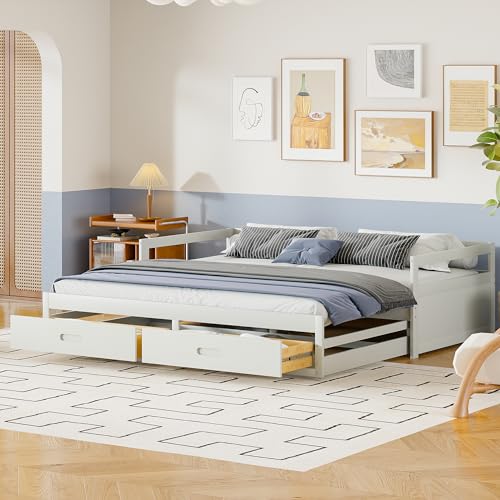 Trelomix Ausziehbares Schlafsofa 90/180 * 200 cm mit Schubladen und Lattenrosten, Kiefernbett mit Stauraum, weiß (Alte SKU: LD000033AAK) von Trelomix