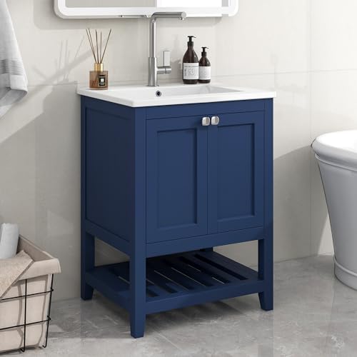 Trelomix Badmöbel Einzel Waschtisch mit Unterschrank 60cm mit Keramik-Waschbecken,blau von Trelomix