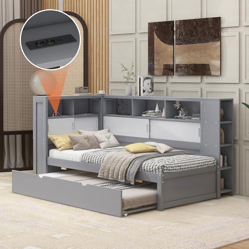 Trelomix Daybett, 90x200cm(90x190cm), Kinderbett, Ohne Matratze, Tagesbett mit Ausziehbett, Schlafsofa mit Staufach mit USB,Spanplatte, Grau von Trelomix