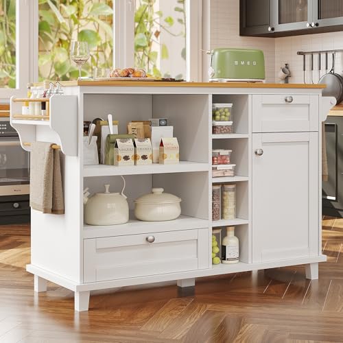 Trelomix Esszimmerwagen (129 x 46 x 92 cm), modernes minimalistisches Weiß, mobiler Küchen-Esswagen mit Schubladen und Lagerschränken, hellbraune Holzarbeitsplatte, passend für Moderne Wohnungen von Trelomix