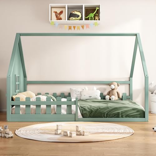 Trelomix Flachbett, 140 * 200 cm, Kinderbett, Hausleiste, Geländer, Kiefernholz, Grün von Trelomix