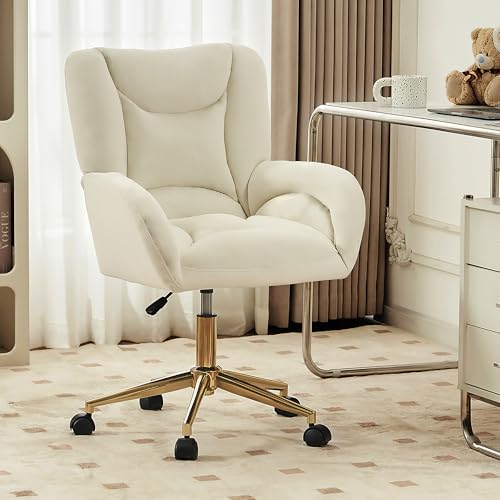 Trelomix Full KD Velvet Stoffmaterial Höhenverstellbarer Drehstuhl für das Home-Office im Innenbereich mit goldenen Beinen, Elfenbein von Trelomix