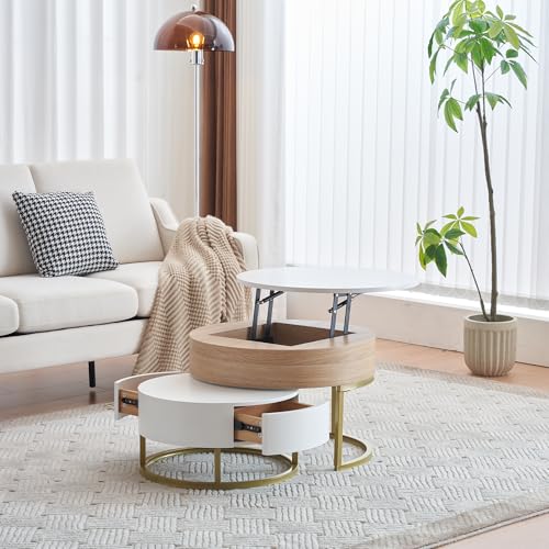 Trelomix Goldener Satztisch, hochklappbare Couchtischkombination, Beistelltisch mit Zwei Schubladen. 2-teiliges Set von Trelomix