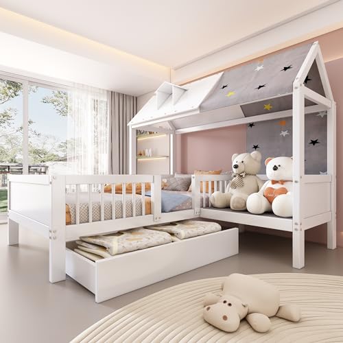 Trelomix Hausförmiges Kinderbett aus Holz, Einzelbett, multifunktional, mit Zeltstoff & Kissen, Schubladen unten, ohne Matratze, 90 * 200, weiß Trelomix Hausförmiges Kinderbett aus Holz, Einzelbett, multifunktional, mit Zeltstoff & Kissen, Schubladen unten, ohne Matratze, 90 * 200, weiß von Trelomix