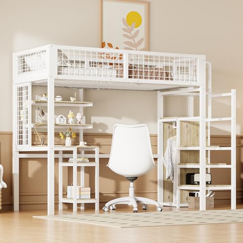 Trelomix Hochbett 90x200 mit Sicherheitsleiter, Kinderbett mit Eisenrahmen Kleiderschrank und Computertisch Weiß von Trelomix