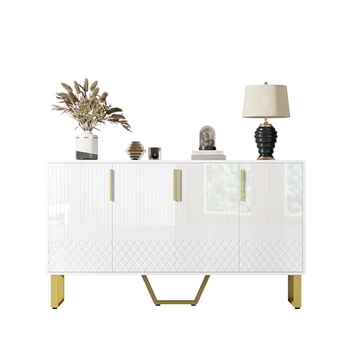 Trelomix Hochglanz-Sideboard, 4 Türen, Metallgriffe und -Beine, geometrisches Design in Weiß, 140L*40B*80H von Trelomix