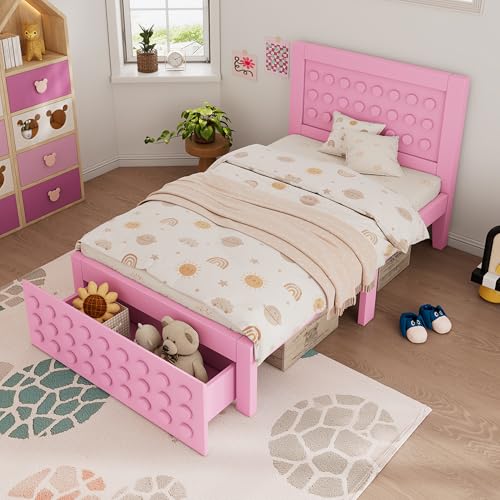 Trelomix Holzbett Einzelbett 90x190 cm, Kinderbett Jugendbett mit Kreativem Block Design, Massivholz Bettgestell mit Lattenrost, mit Schubladen & Unterm Bett Stauraum, Rosa, Ohne Matratze von Trelomix