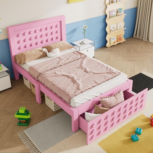 Trelomix Holzbett Einzelbett 90x200 cm, Kinderbett Jugendbett mit Kreativem Block Design, Massivholz Bettgestell mit Lattenrost, mit Schubladen & Unterm Bett Stauraum, Rosa, Ohne Matratze von Trelomix