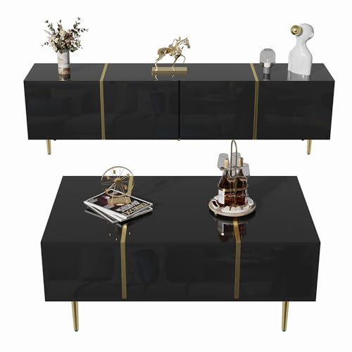 Trelomix Moderner Hochglanz-Schwarz TV-Schrank und Couchtisch Set von Trelomix